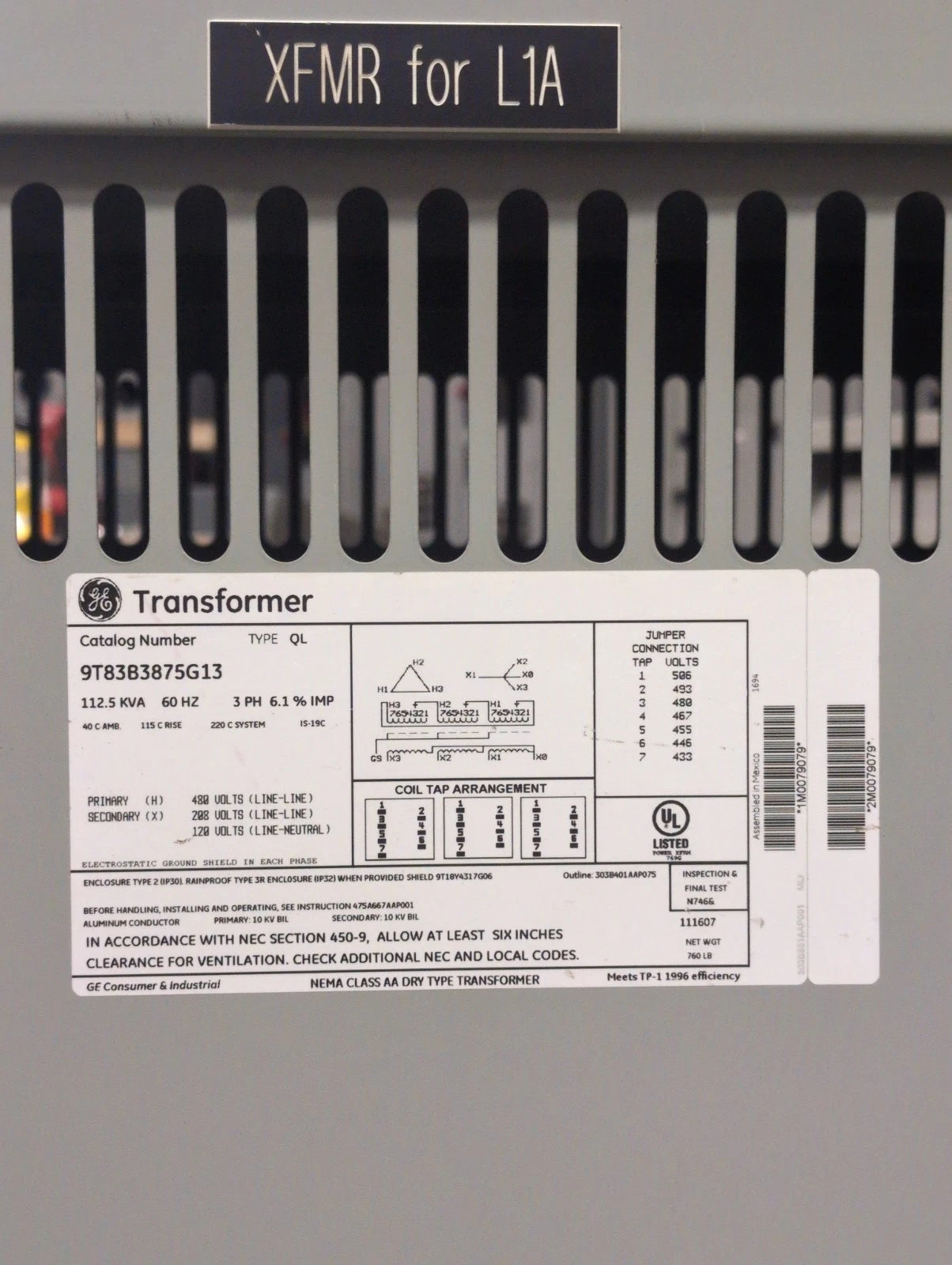 112.5KVA GE Transformer 9T83B3875G13 Indoor Encl Pri 480V Sec 208/120V 3PH 60Hz Used