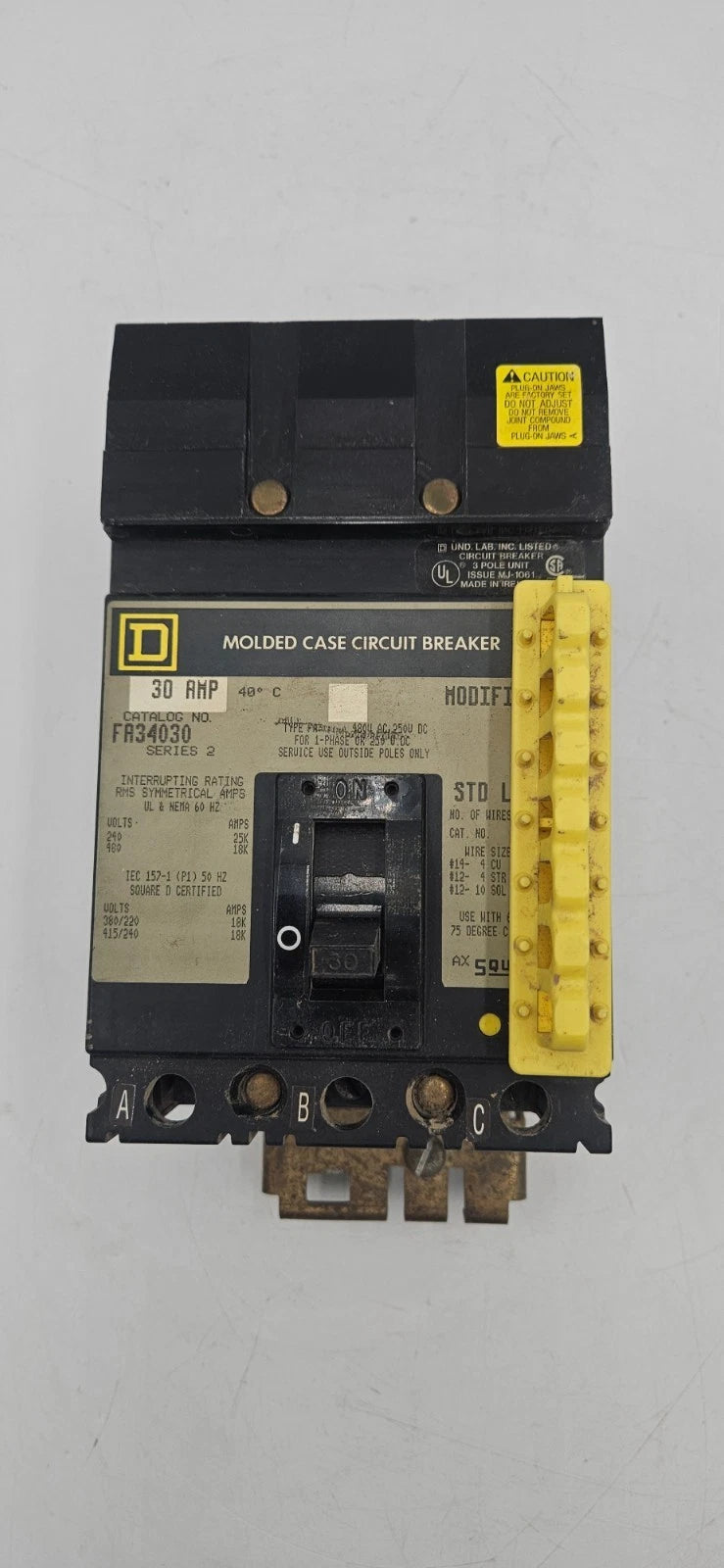 Square D FA34030 I-Line Circuit Breaker 30A 3P 480V 3PH FA 3 pole 30 Amp Used Used