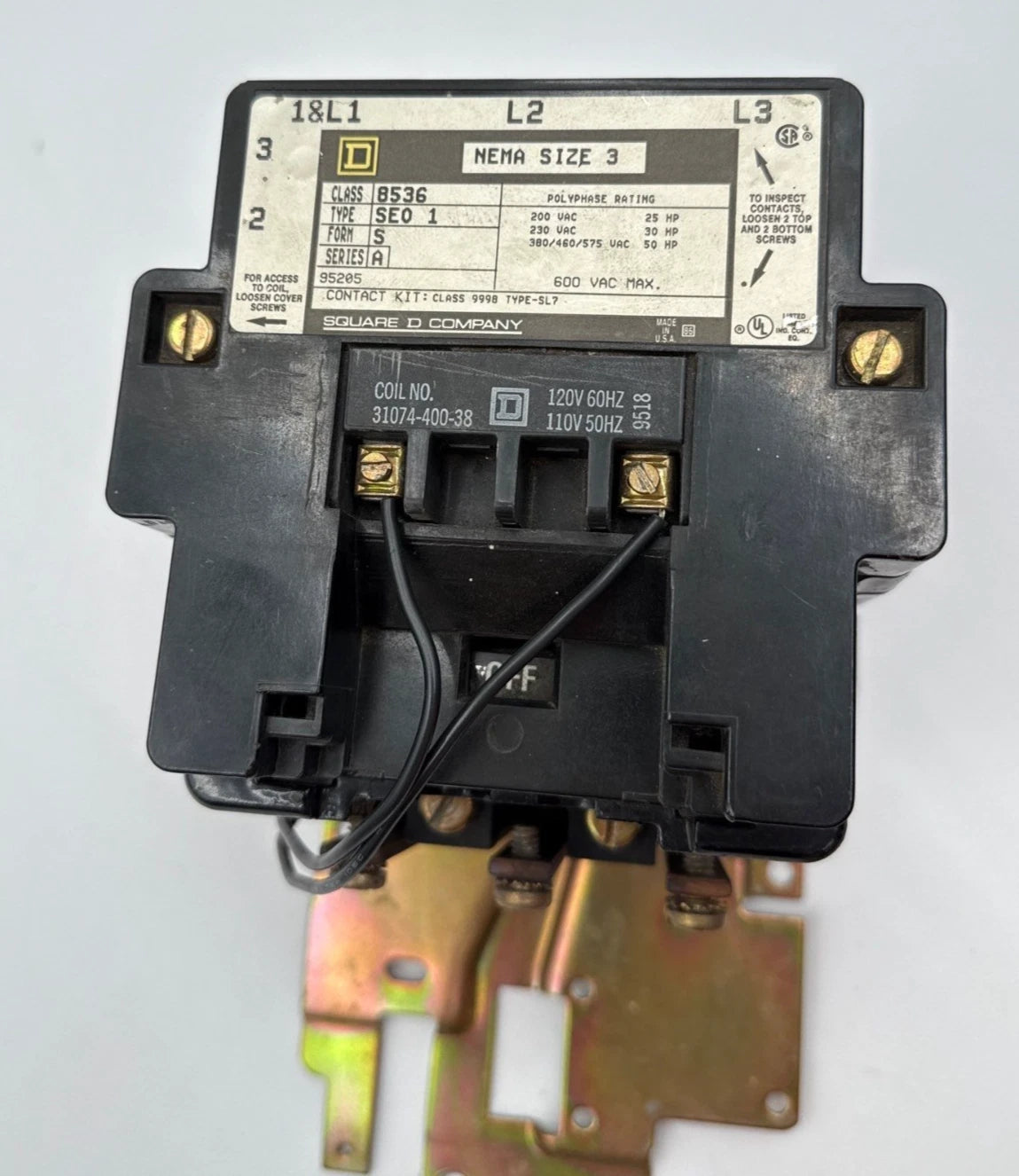 Sq D 8536SE01S Contactor NEMA Size 3 90A 3P 600V Coil 110/120V 31074-400-38 50HP Used