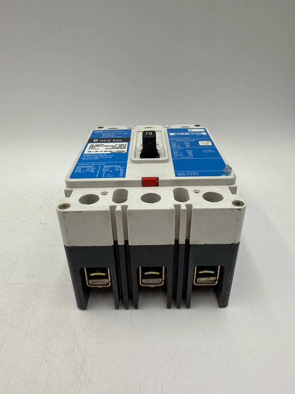Cutler Hammer HFD3070 Circuit Breaker 70A 3P 600V 3PH 70 Amp 65k 3 Pole 600 Volt Used