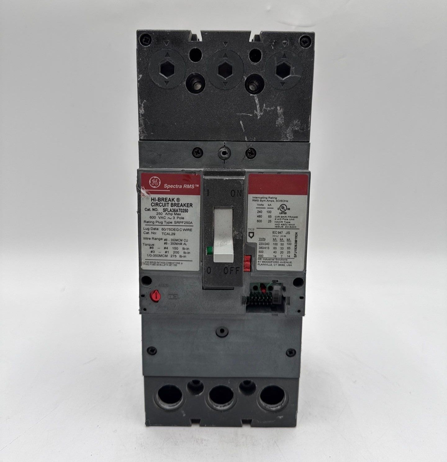 GE SFLA36AT0250 Circuit Breaker 250A 3P 600V FRAME 250 Amp 3 Pole NO PLUG Used