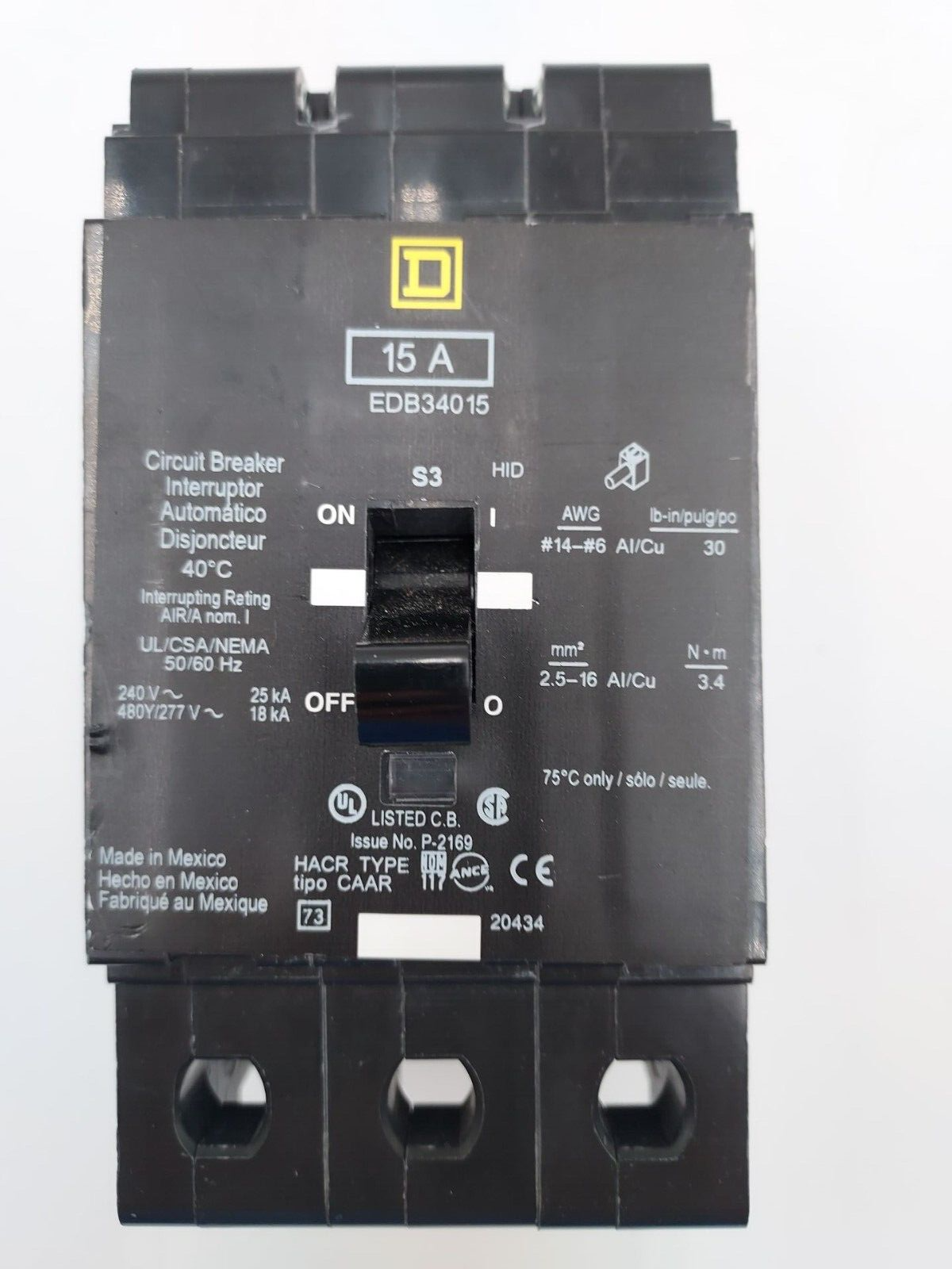 Square D EDB34015 Used