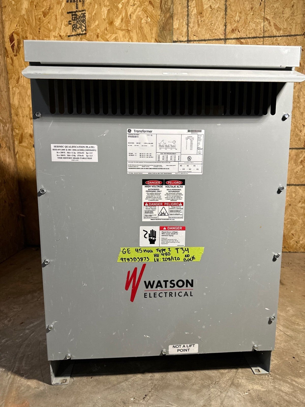 45KVA GE 9T83B3873 Transformer Pri 480V Sec 208/120V 3PH 3R Encl Outdoor Used