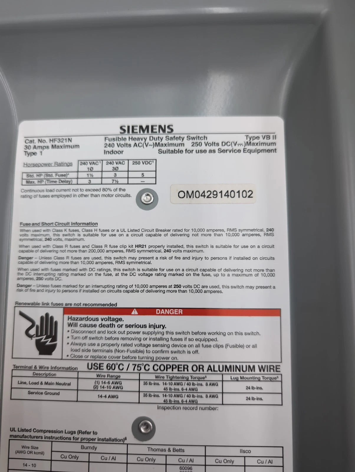 Siemens HF321N Safety Disconnect Switch 30A 3P 240V Type 1 Enclosure NEW New