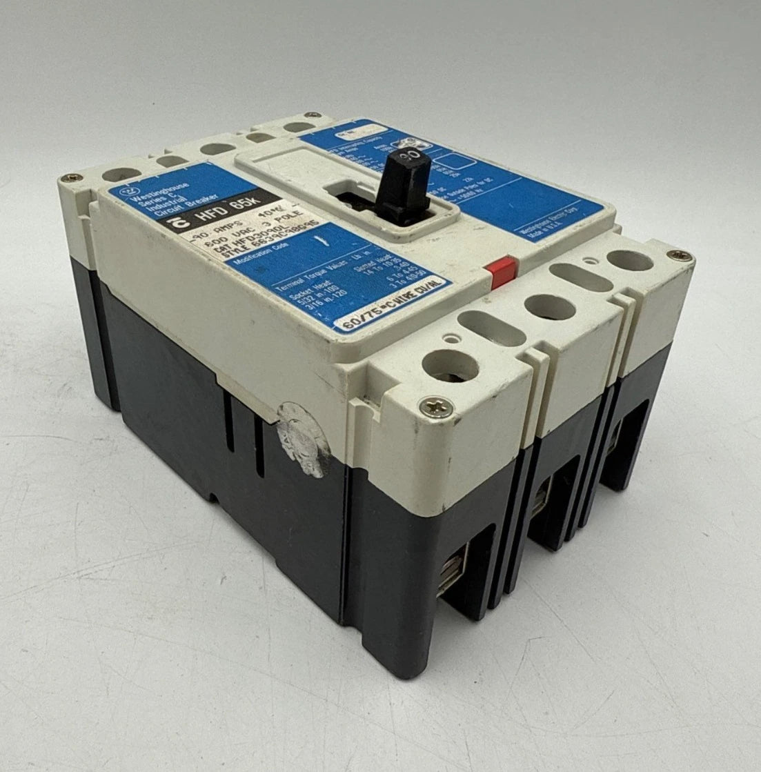Westinghouse HFD3090L Circuit Breaker 90A 600V 3P HFD 65k 90 Amp 3 Pole Used