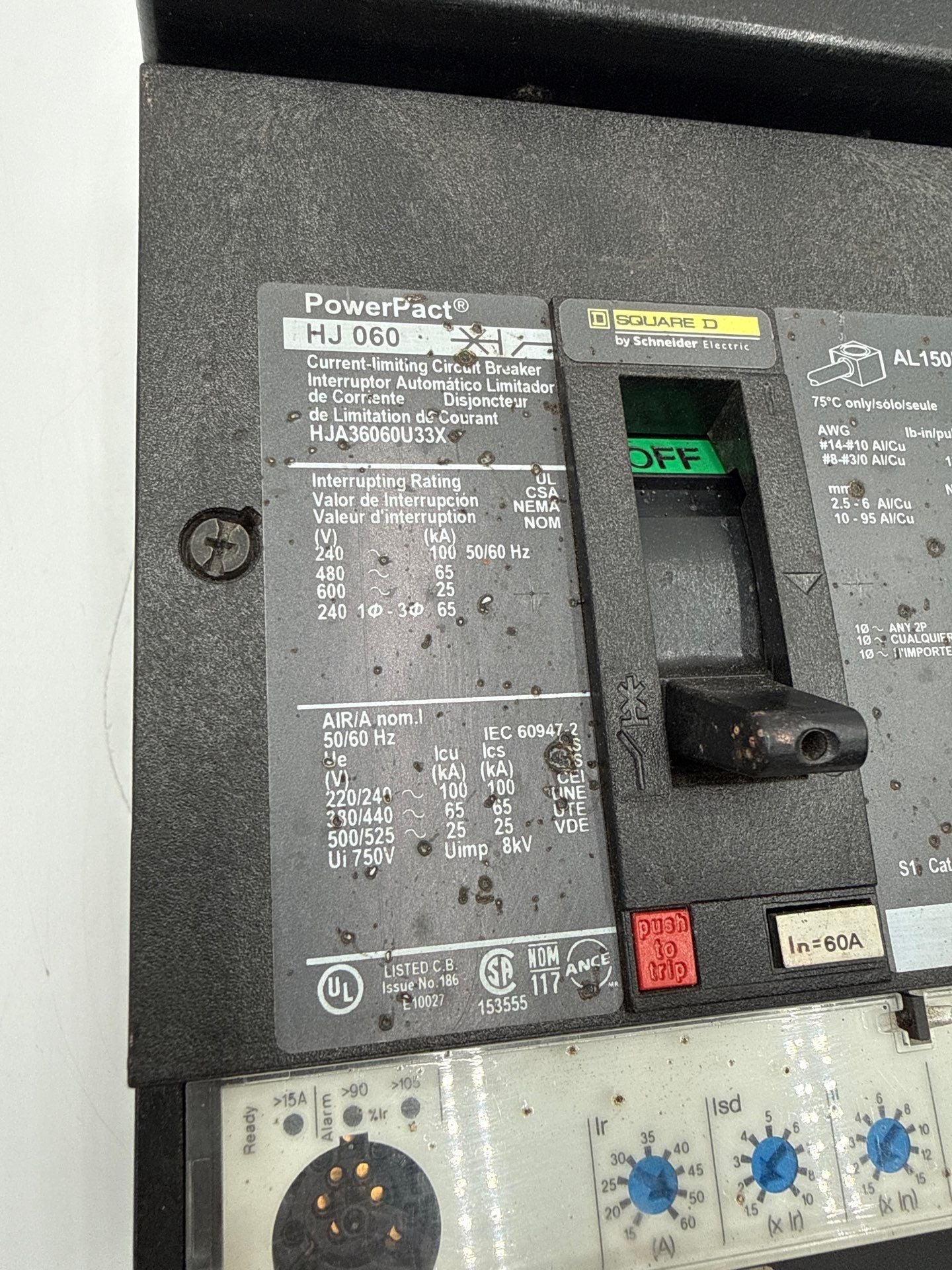 Square D HJA36060U33X I-Line Circuit Breaker 60A 3P 600V HJA 60 Amp 3 Pole Used
