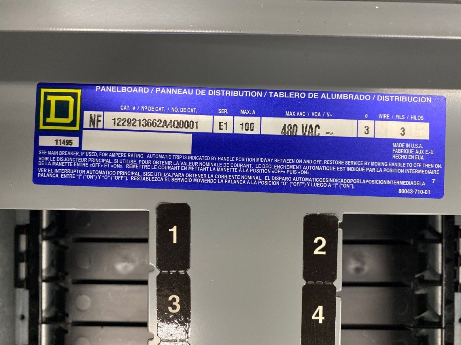 SQUARE D NF Panelboard 100A 480V 3P 3W Indoor Panel 42 Cir Main Breaker HDP36100 P443 Used
