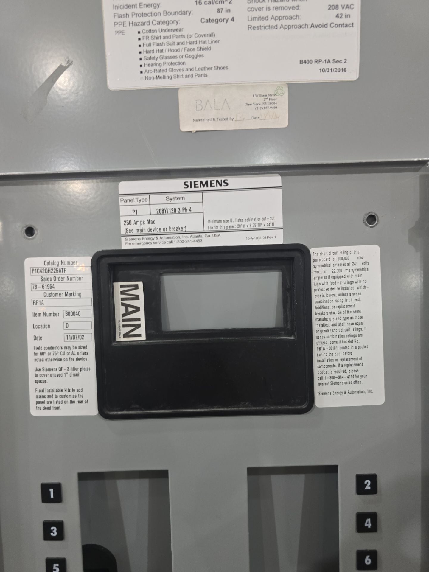 Siemens P1 P1C42QH225ATF Panelboard 225A 208/120V 3PH 4W 225 Amp Panel 42Cir MCB Used