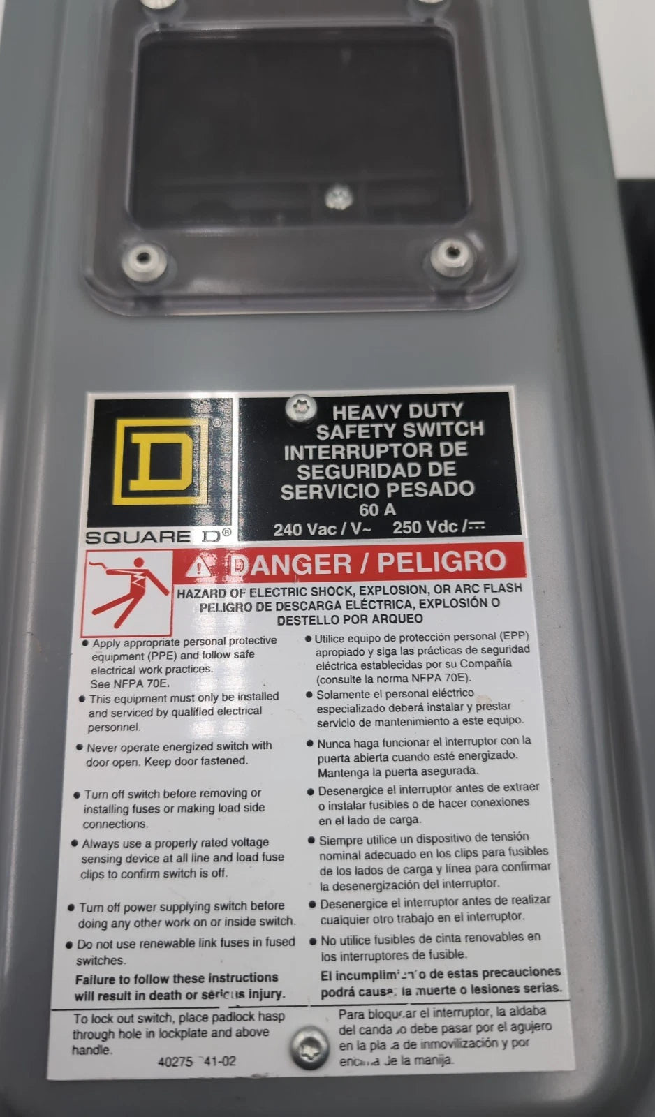 Square D H322N Safety Disconnect Switch 60A 3P 240V 15HP 60 Amp 3 Pole Window Used