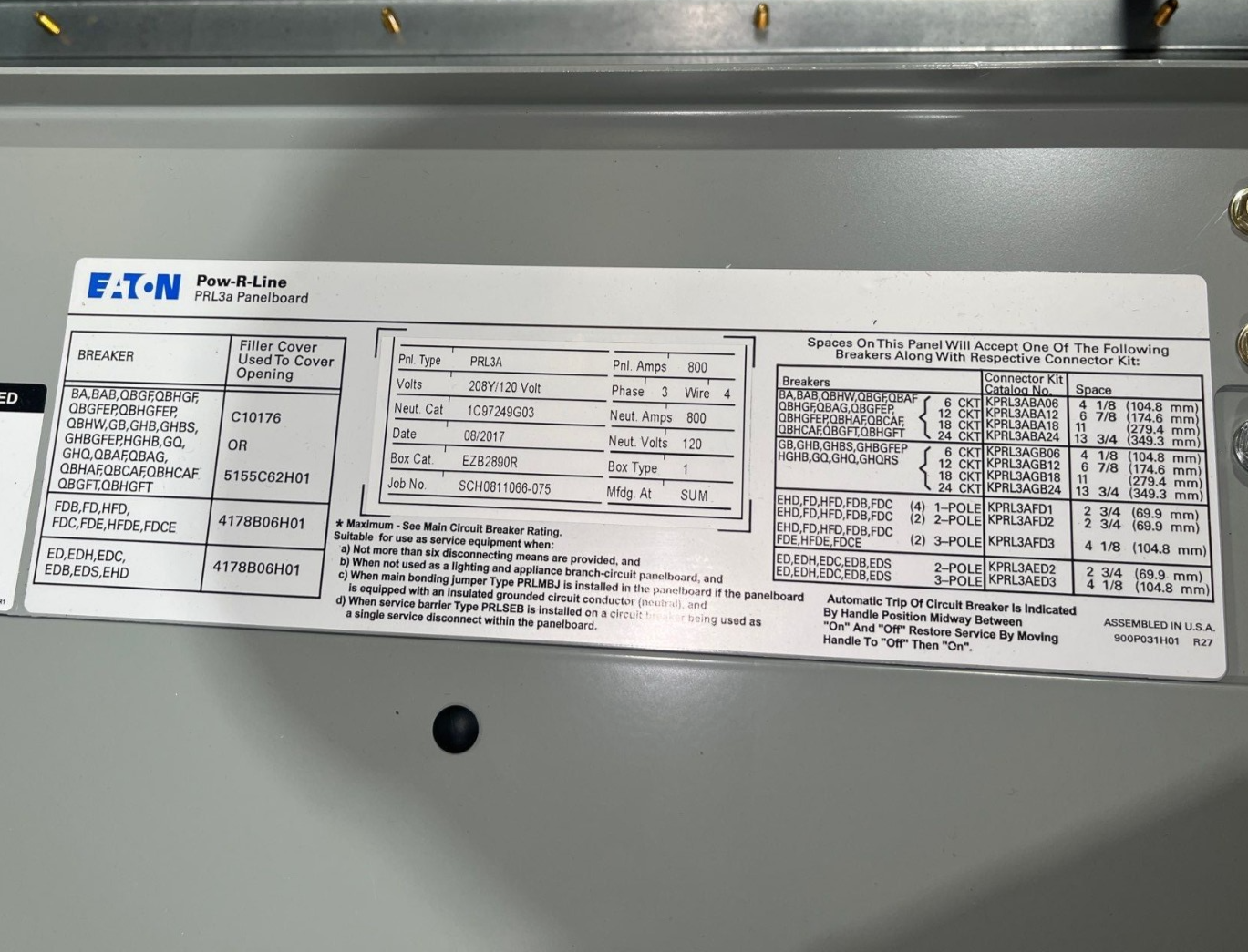 Eaton PRL3A Panelboard 800A 208/120V 3PH 4W MLO Panel 800 Amp 42Cir EZB2890R New