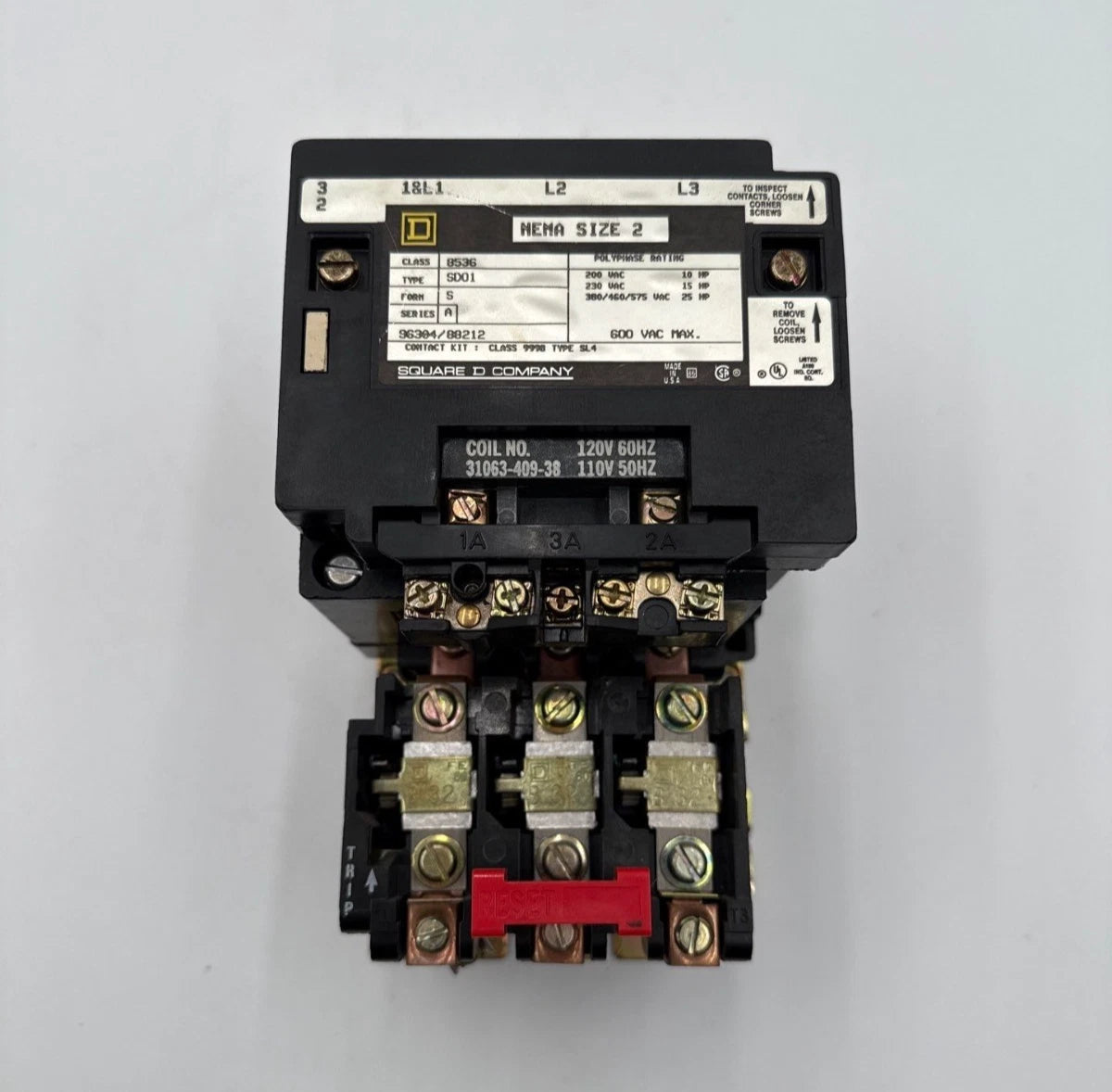 Square D 8536SD01 NEMA Size 2 Starter Coil 110/120V 3P 600V 25HP 31063-409-38 Used