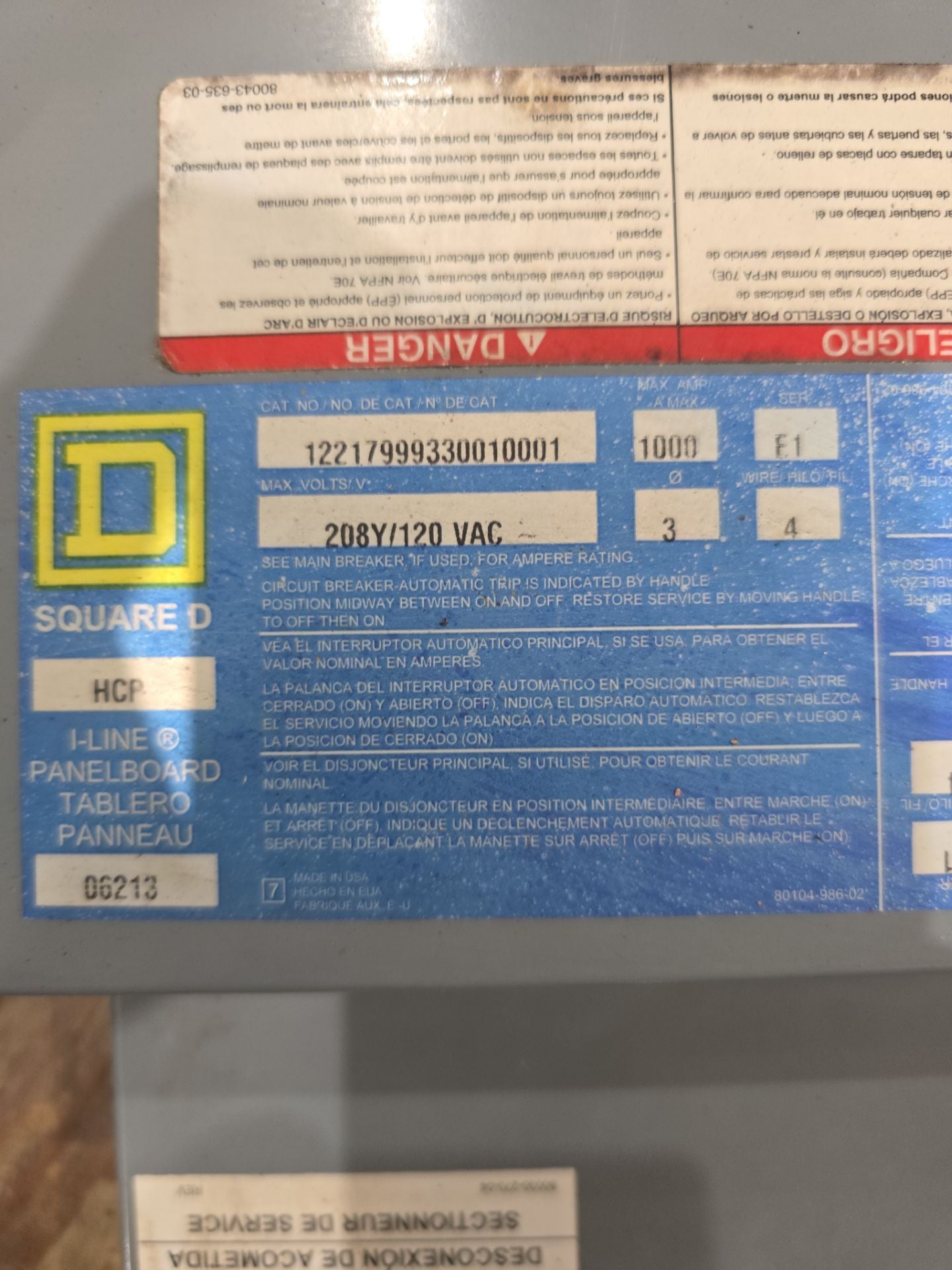 Square D HCP I-Line Panelboard 1000A 208/120V 3PH 4W MLO 30Cir 1000 Amp Panel 3R Used