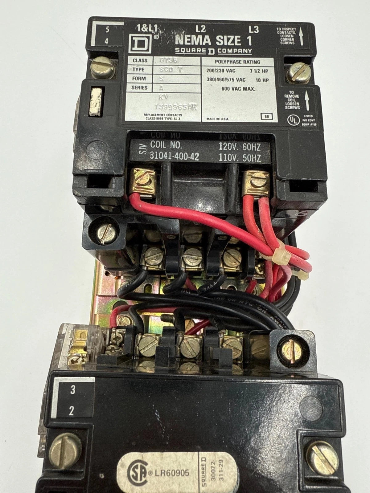 Square D 8736SC07 NEMA Size 1 Reversing Starter Coil 110/120V 27A 3P 600V 10HP Used