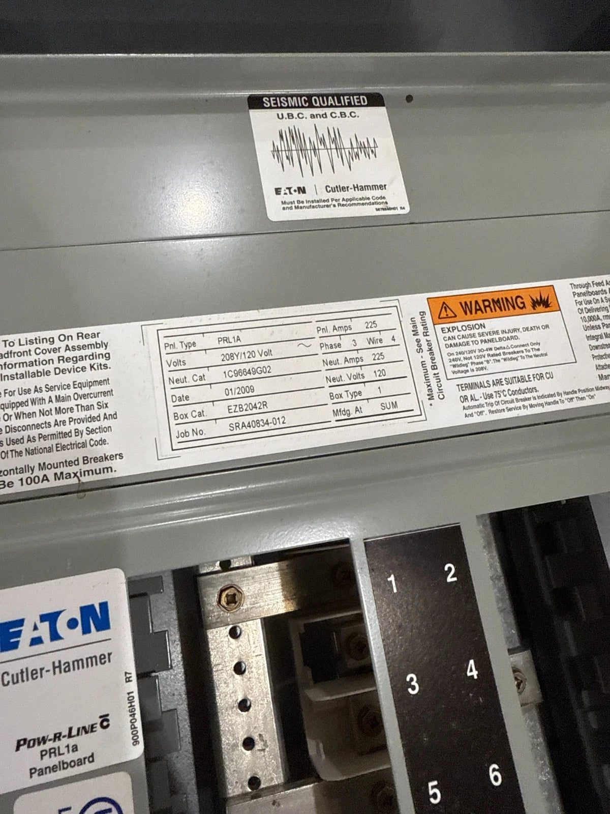 Eaton PRL1A Panelboard 225A 208/120V 3PH 4W MCB Panel 225 Amp 30 Cir EDB3225 New
