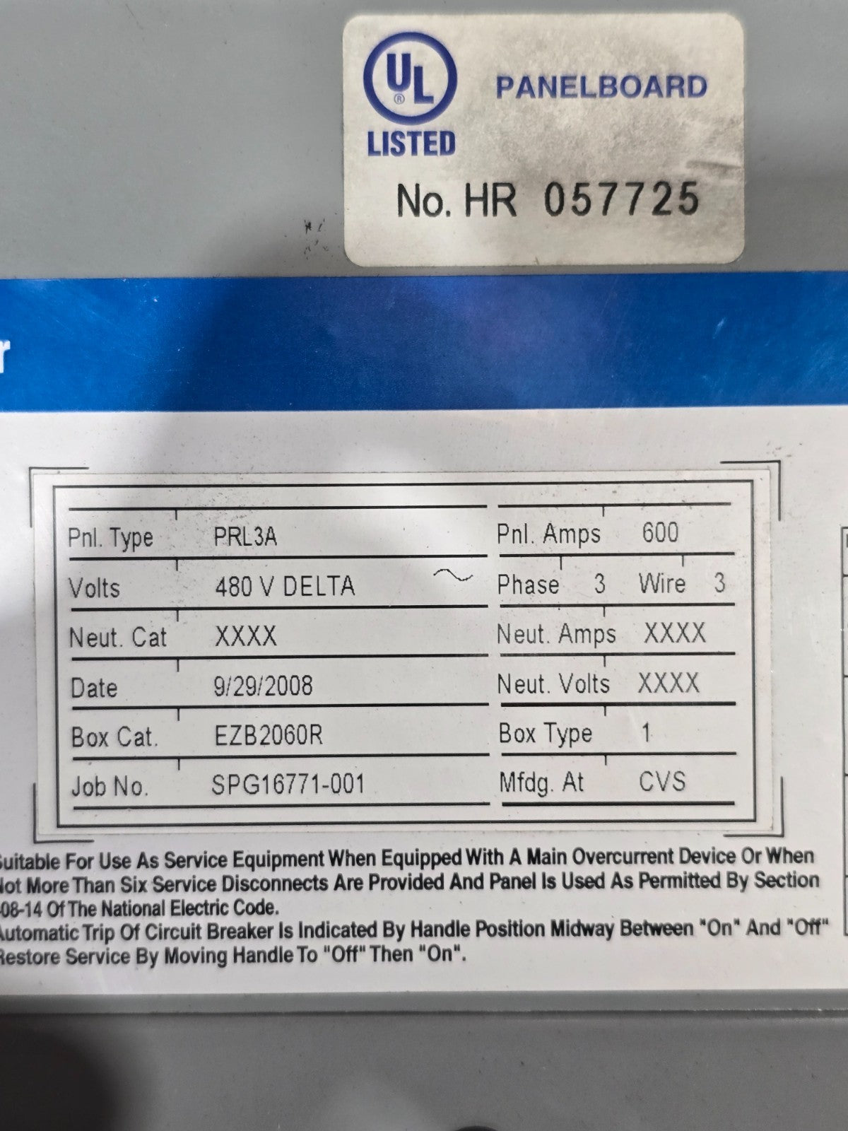 Eaton PRL3A Panelboard 600A 480V 3PH 3W MLO 600 Amp Panel EZB2060R Indoor Encl Used