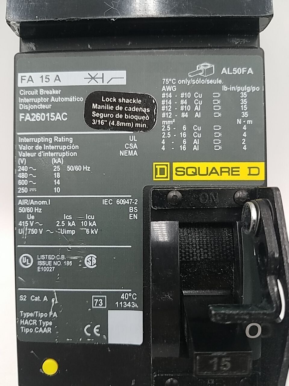 Square D FA26015AC Used