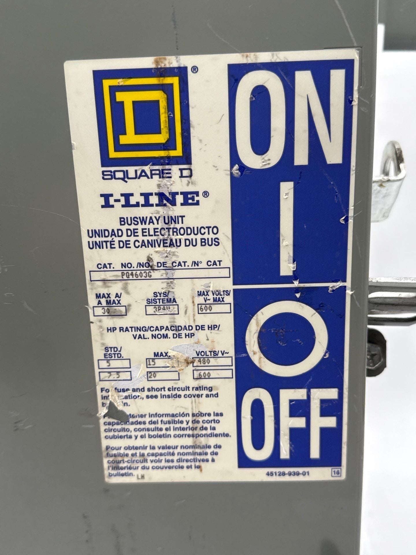 Square D PQ4603G Bus Plug 30A 3PH 4W 600V I-Line Busway Unit Switch 30 Amp Used