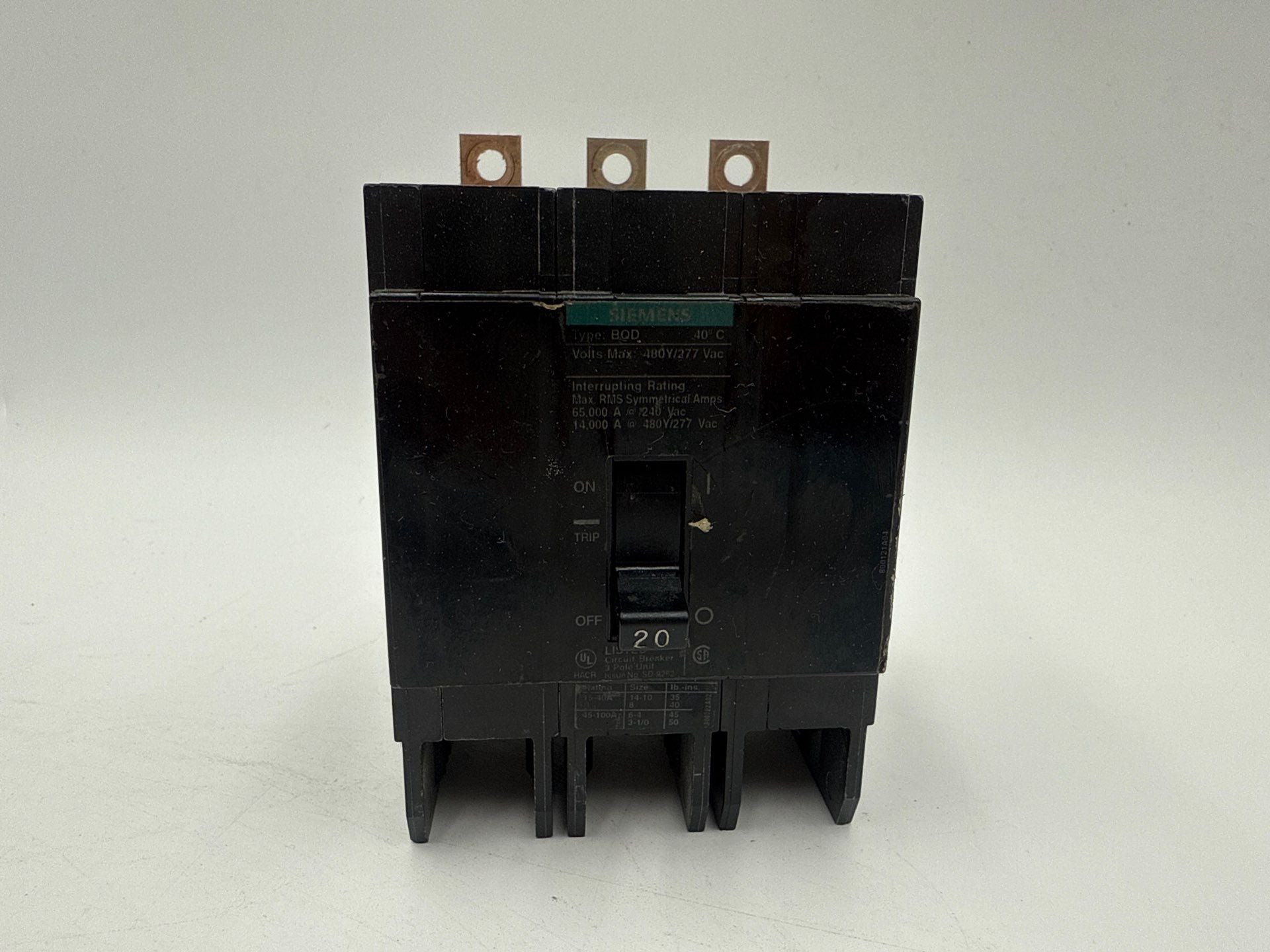 Siemens BQD320 Bolt On Circuit Breaker 20A 3P 480V BQD 20 Amp 3 Pole Used