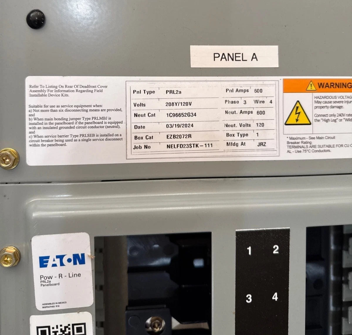 Eaton PRL2A Panelboard 600A 208/120V 3PH 4W MLO Panel 600 Amp 54Cir EZB2072R New New