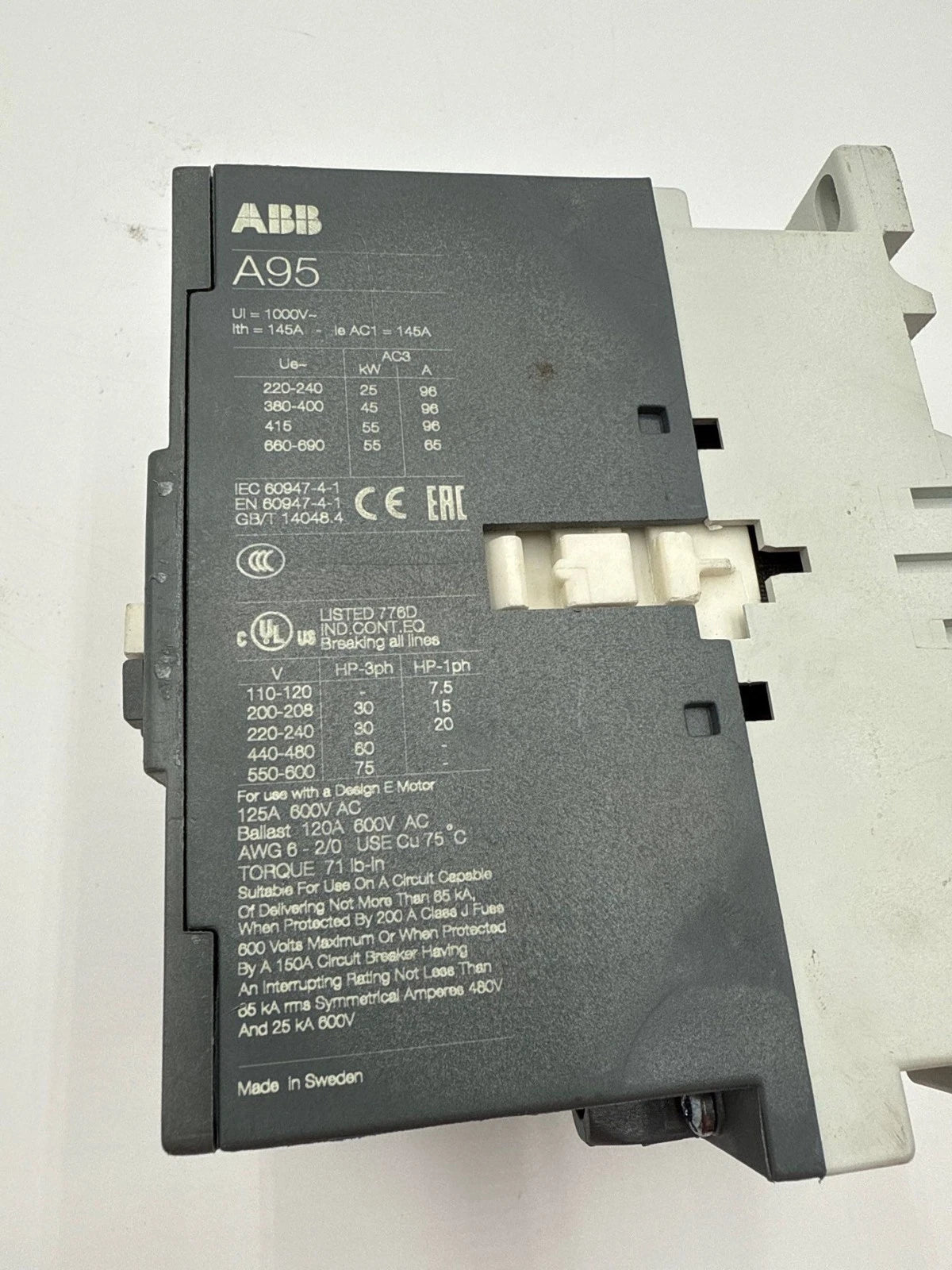ABB A95-30 Contactor 145A 3P 600V 3PH 75HP Coil 220-230V 50Hz 230-240V 60Hz Used