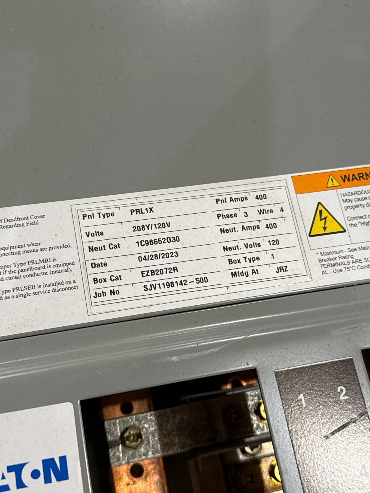 Eaton PRL1X Panelboard 250A 208/120V 3PH 4W 250 Amp Panel MCB 54 Cir PDD33G0250 Used
