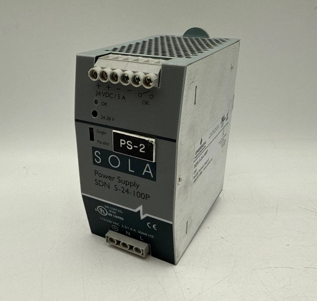 SOLA SDN 5-24-100P Power Supply 115/230VAC 2.2/1.0A 24VDC 5A DIN Rail Mount Used