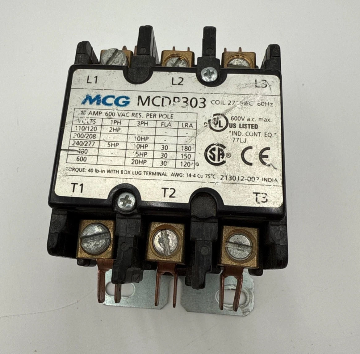 MCG MCDP303 Definite Purpose Contactor 40A 3P 600V 3PH 20HP Coil 277V 40 Amp Used