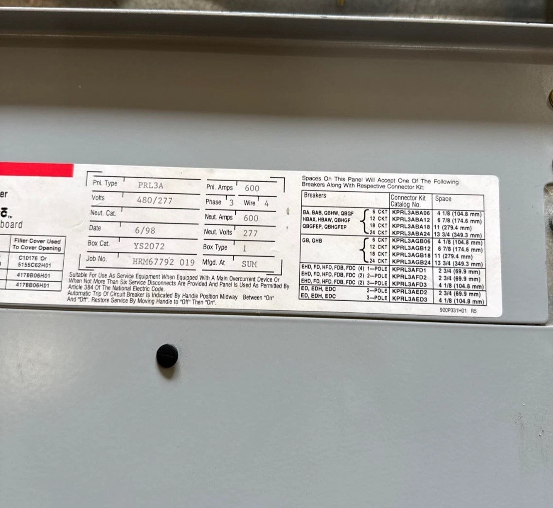 CH PRL3A Panelboard 600A 480/277V 3PH 600 Amp Indoor YS2072 MLO Panel Main Lug Used