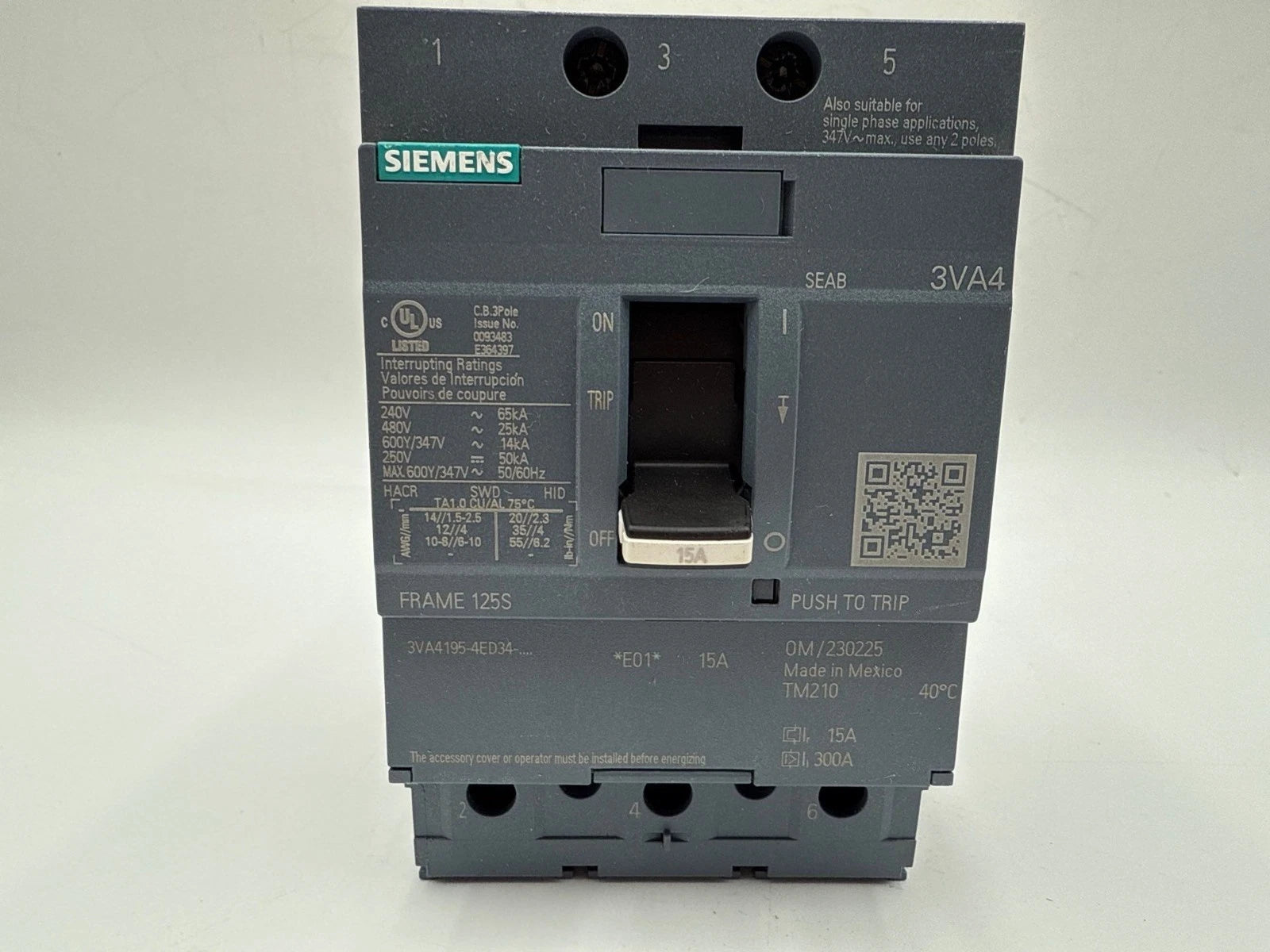 Siemens 3VA4195-4ED34-0AA0 Circuit Breaker 15A 3P 600V 3VA41 15 Amp 3 Pole New