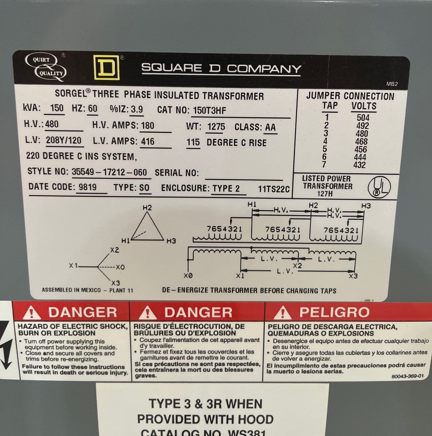 150 kVA Square D 150T3H Sorgel Transformer 3PH Pri 480V Sec 208/120V ST107 Used
