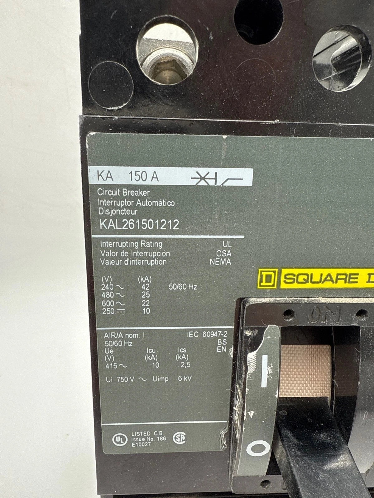 Square D KAL261501212 Circuit Breaker 150A 2P 600V KAL 150 Amp Aux Switch 11A Used