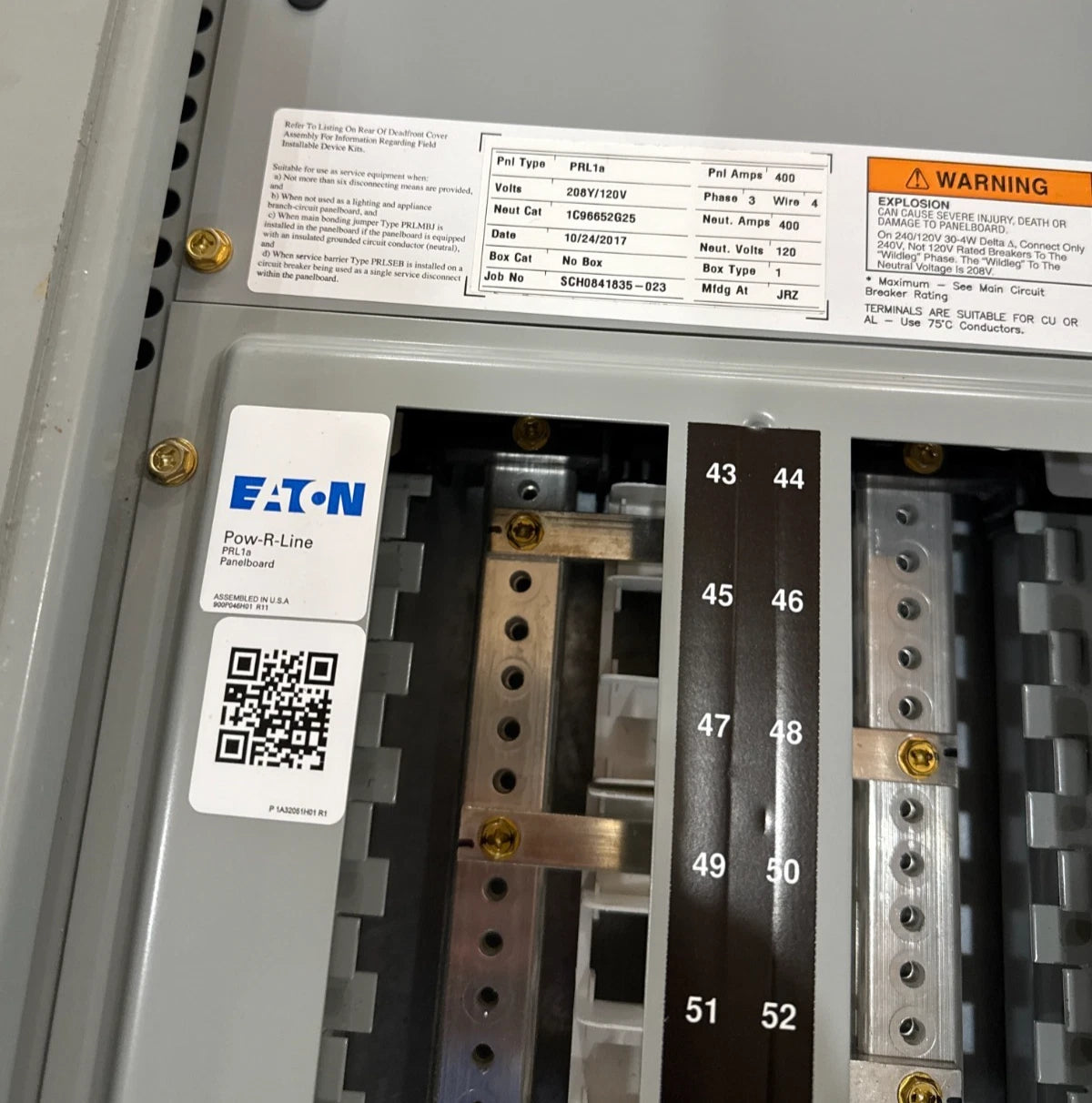 Eaton PRL1A Pow-R-Line Panelboard 400A 208/120V 3PH 4W MLO Panel 400 Amp 42 Cir Used