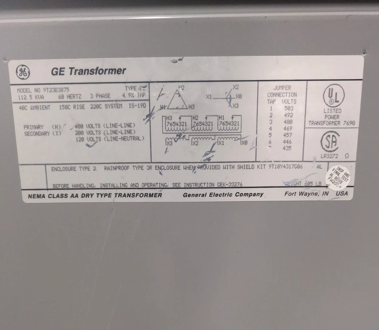 112.5KVA GE Transformer 9T23B3875 Indoor Encl Pri 480V Sec 208/120V 3PH Type QL Used