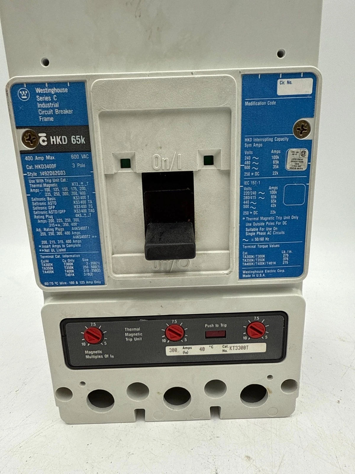 Westinghouse HKD3300 Circuit Breaker 300A 3P 600V 3PH HKD 65k 300 Amp 3 Pole Used