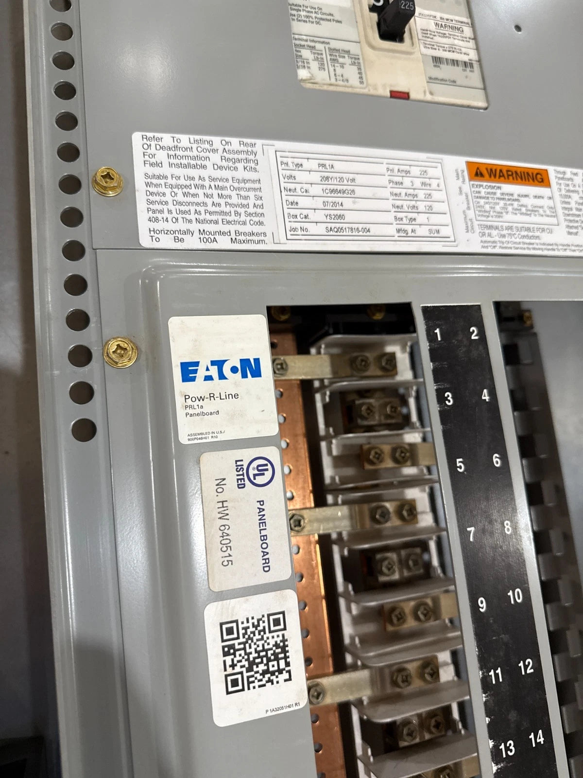 Eaton PRL1A Panelboard 225A 208/120V 3PH 4W MCB Panel 225 Amp 60Cir EDB3225BP10 Used