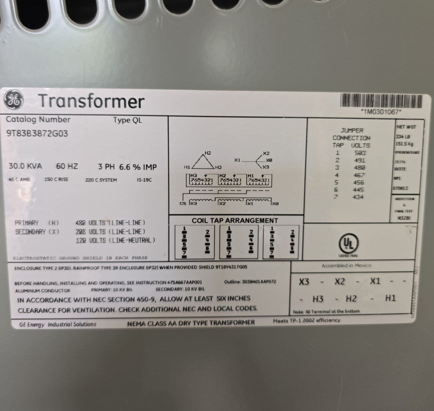 30kVA GE 9T83B3872G03 Transformer 3PH Pri 480V Sec 208/120V Type QL Indoor T271 Used