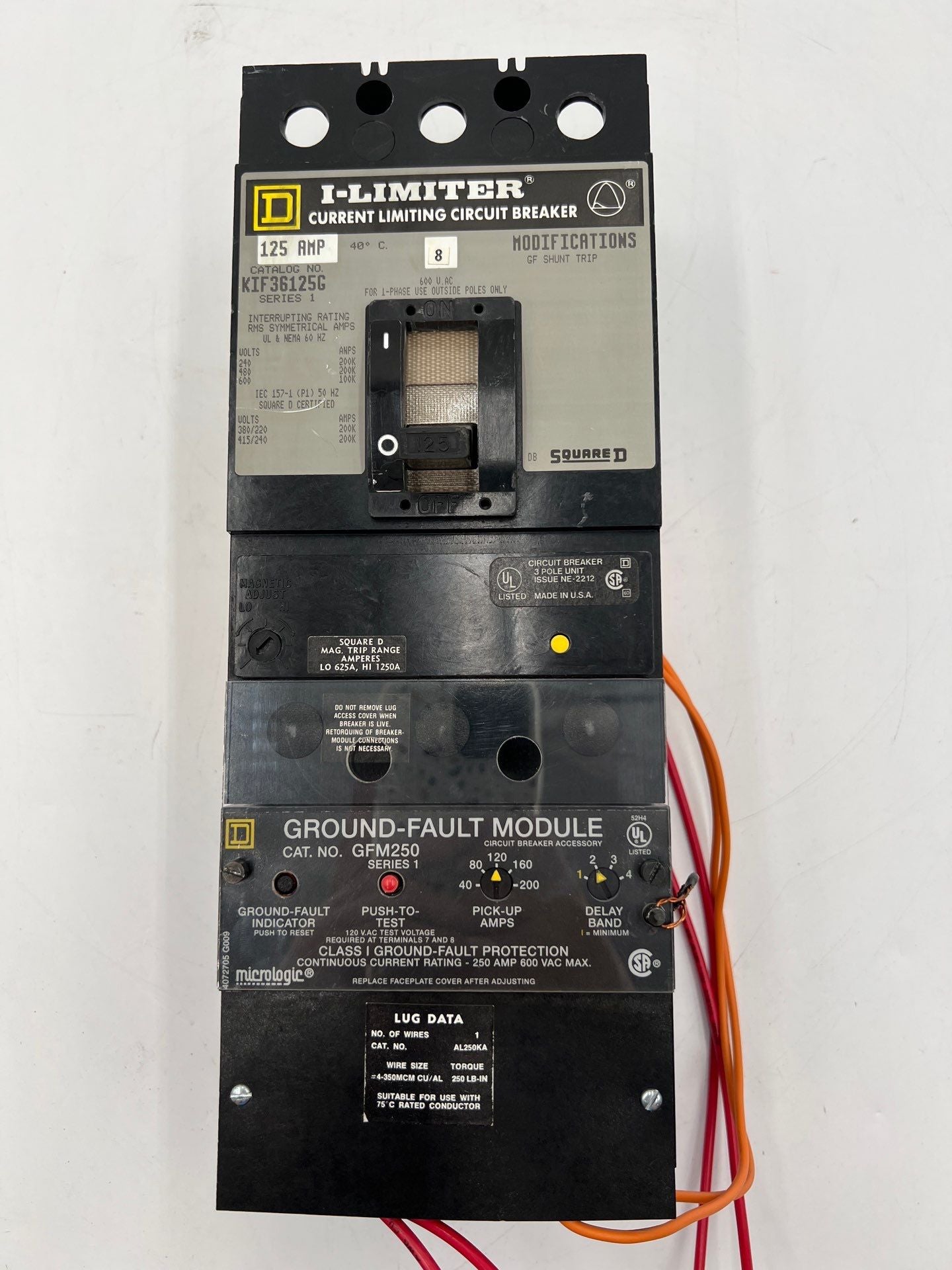 SQUARE D KIF36125G Circuit Breaker 125A 600V 3P 125 Amp Ground Fault GFM250 Used