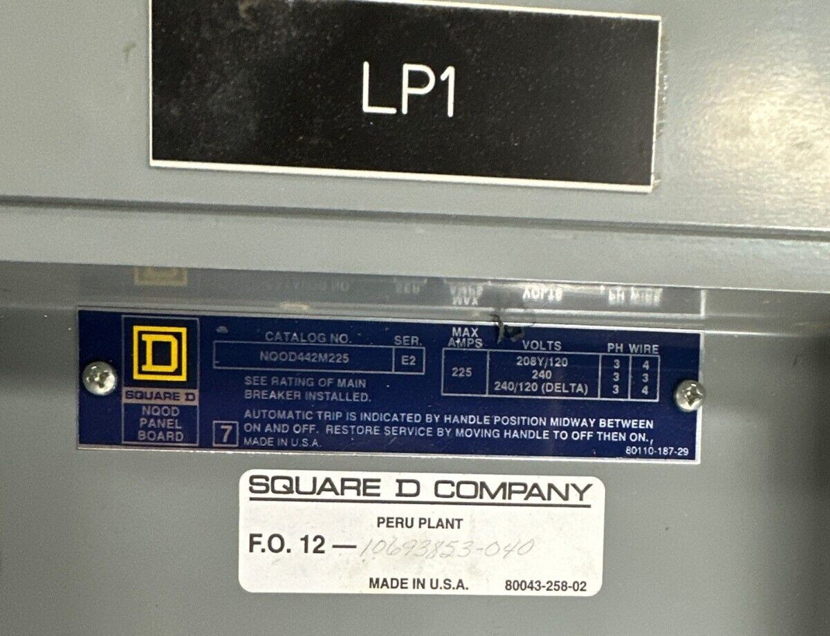 Square D NQOD442M225 Panelboard 225A 208Y/120V 3PH 4W Main MCB Q2L3100 100 Amp P407 Used