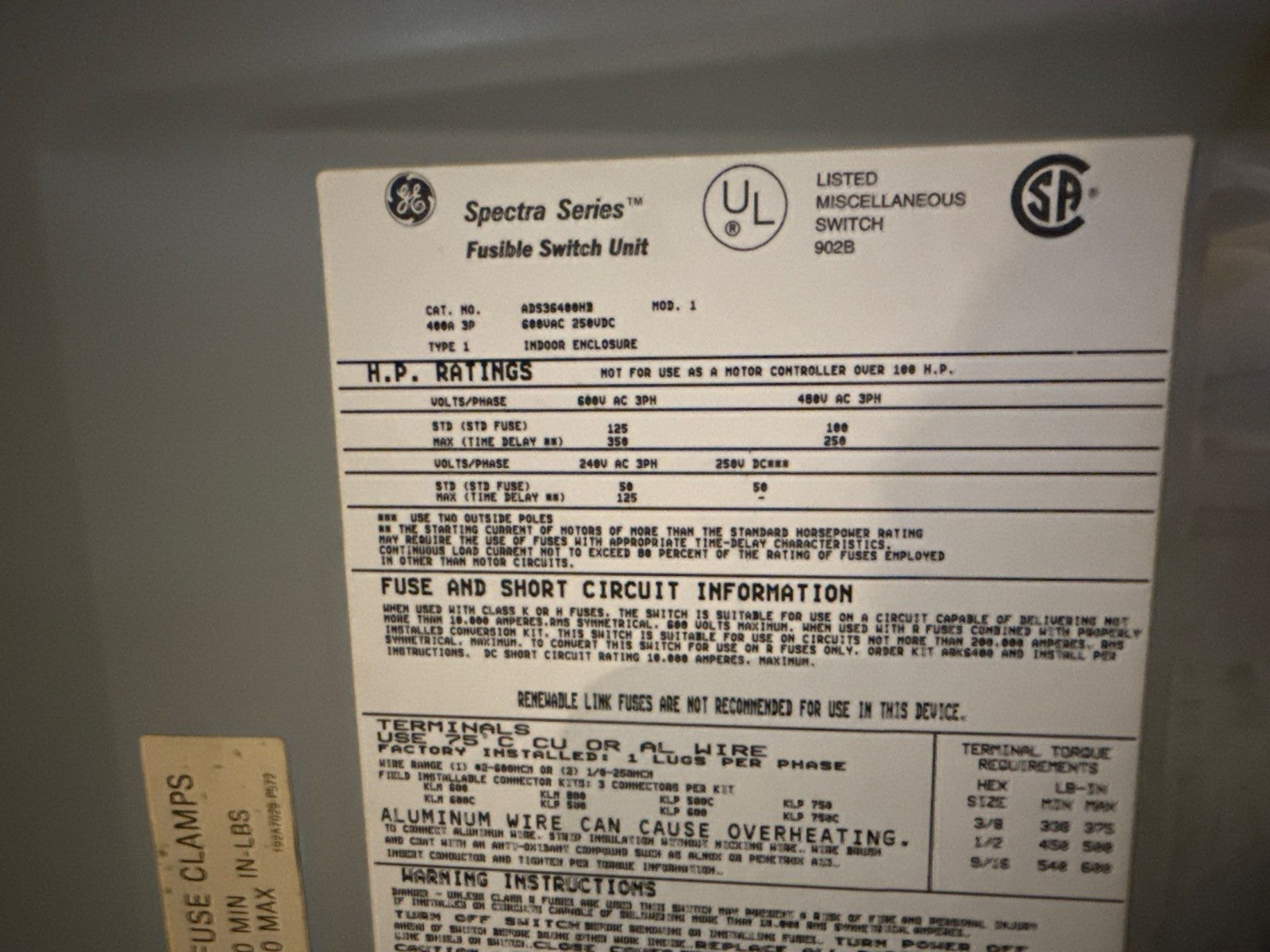 GE ADS36400HB Fusible Panelboard Switch 400A 3P 600V 350HP 400 Amp Spectra Serie New