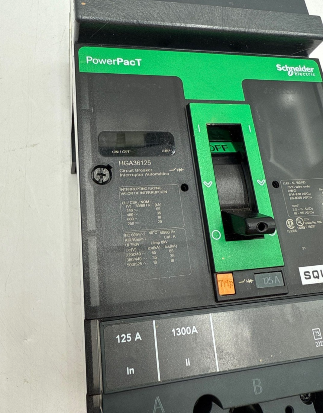 Square D HGA36125 I-Line Circuit Breaker 125A 3P 600V HGA PowerPact 125 Amp Used
