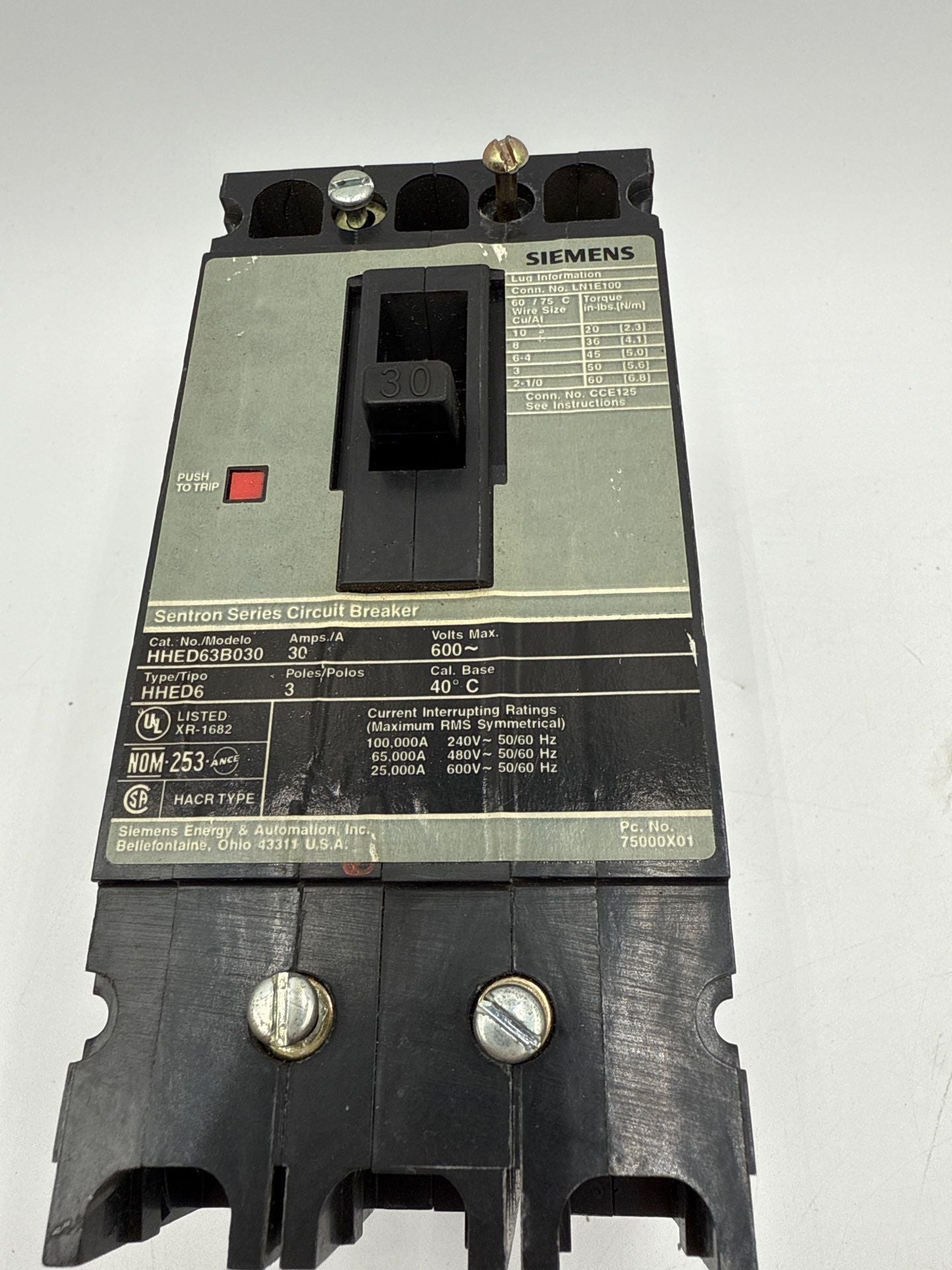 Siemens HHED63B030 Bolt On Circuit Breaker 30A 3P 600V 30 Amp 3 Pole HHED6 Used