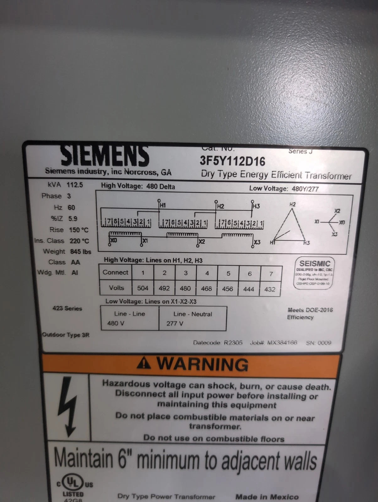 112.5KVA Siemens 3F5Y112D16 Transformer 480V 480y/277V 3PH Type 3R NEW New