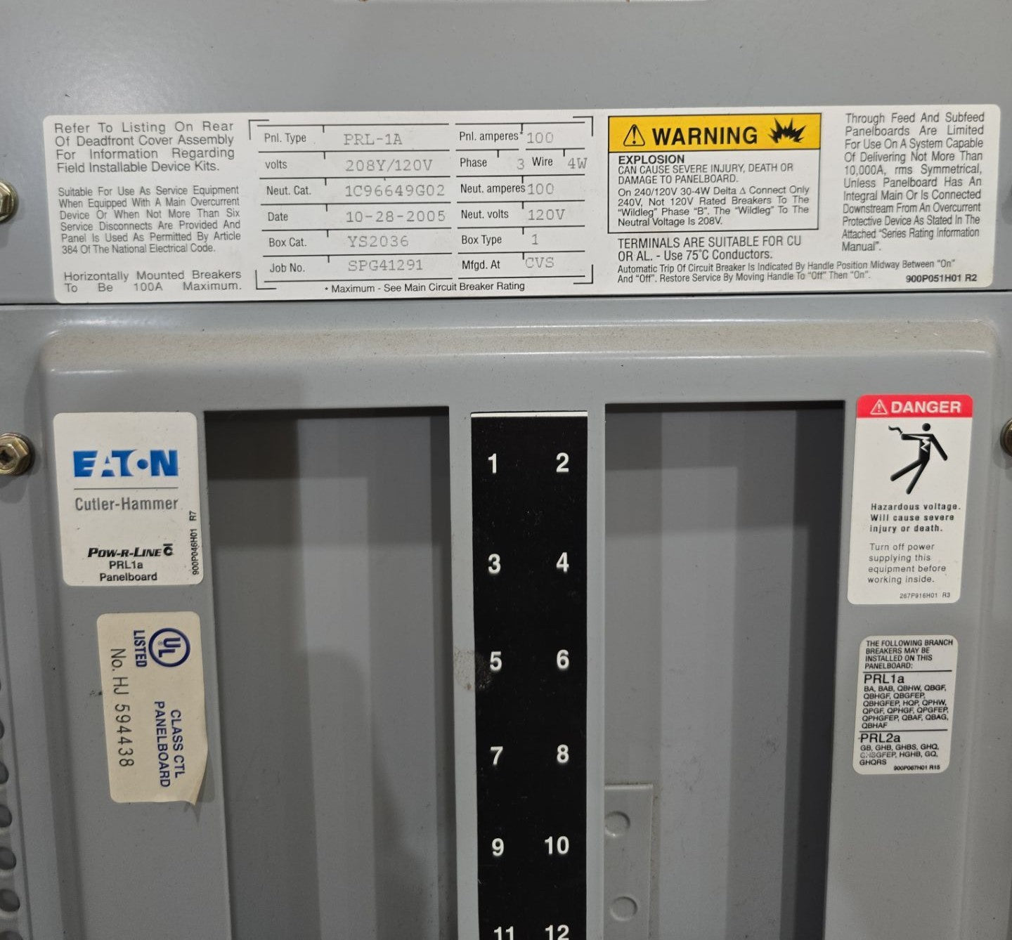 Eaton PRL1A Panelboard 100A 208/120V 3PH 4W 18 Cir 3R Encl MCB Main EHD3100 Used