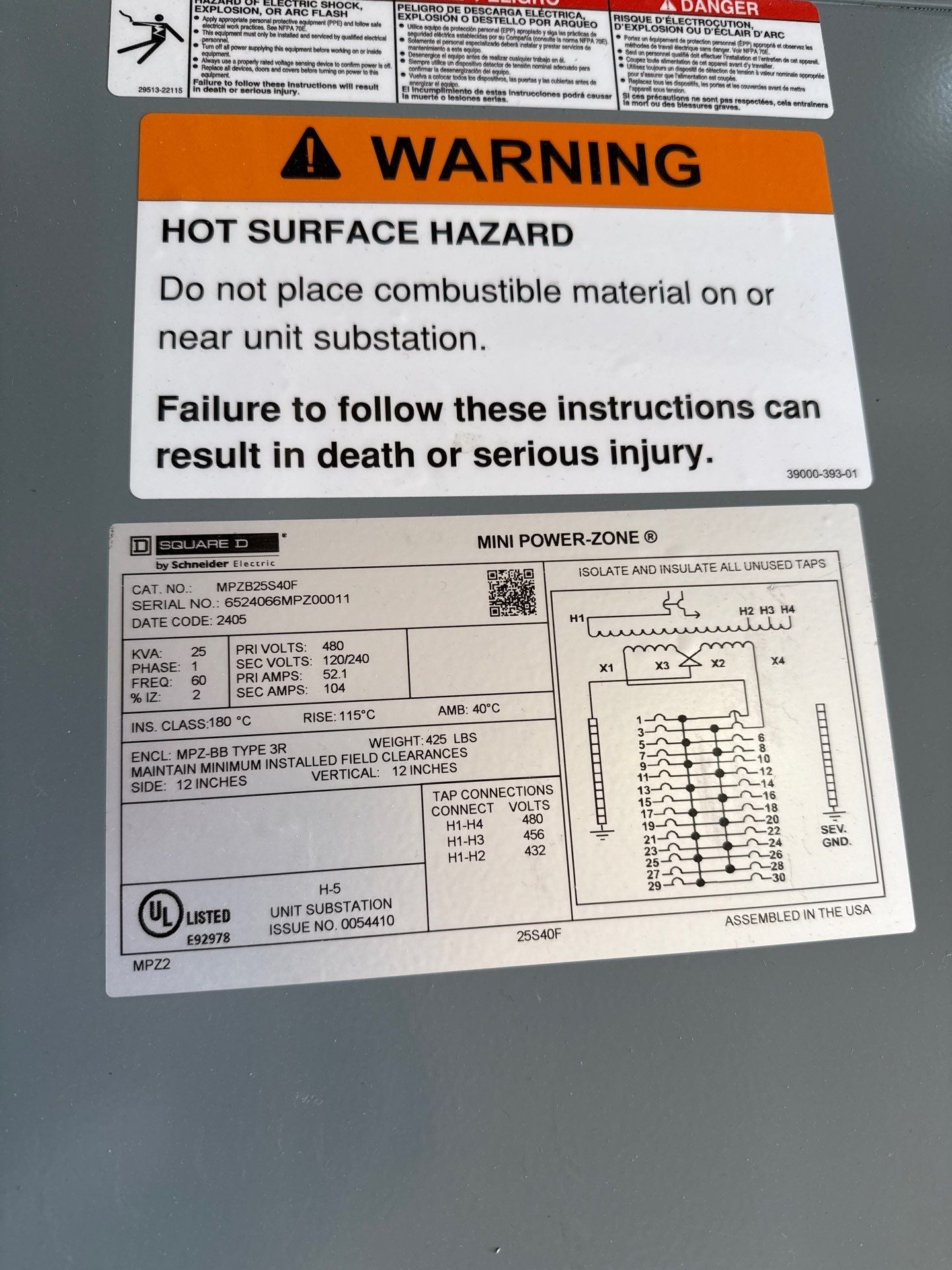 SQD MPZB25S40F Power Zone Panel Transformer 25kVA 1PH 480V 120/240V 3R Encl New