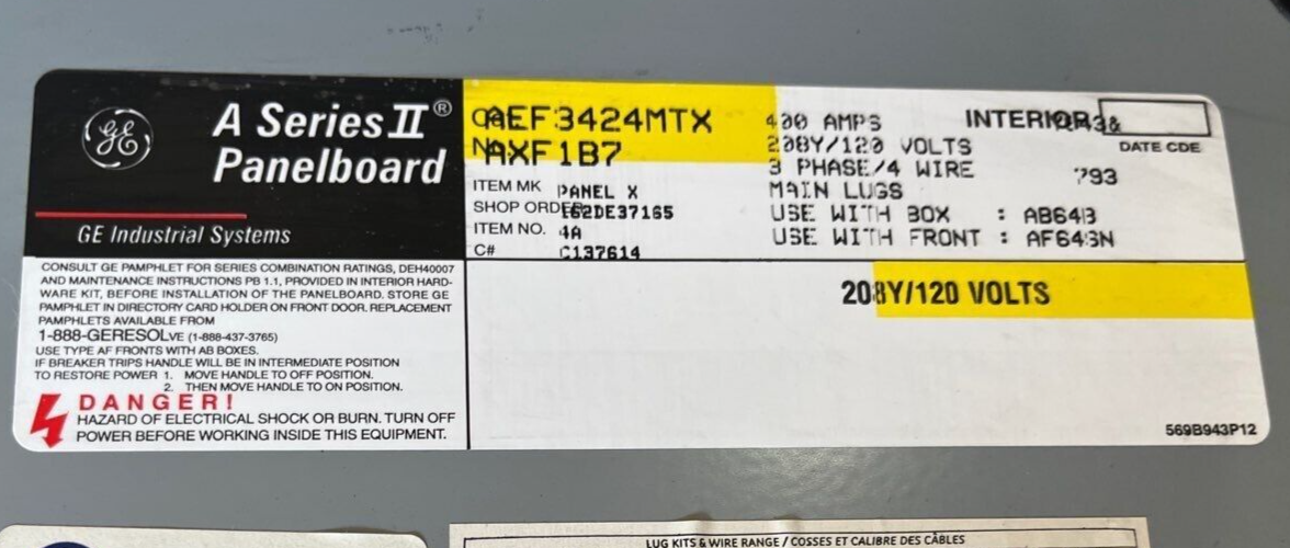 GE AEF3424MTX Panelboard 400A 208Y/120V 3PH 4W MLO Main Lug with 225A Subfeed P279 Used