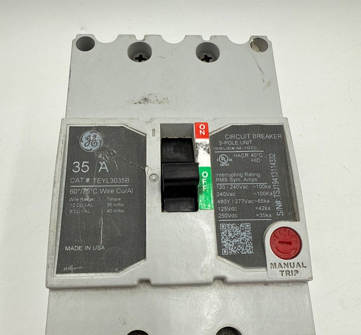 GE TEYL3035B Circuit Breaker 35A 3P 480/277V 3PH TEYL 35 Amp 3 Pole Bolt On Used