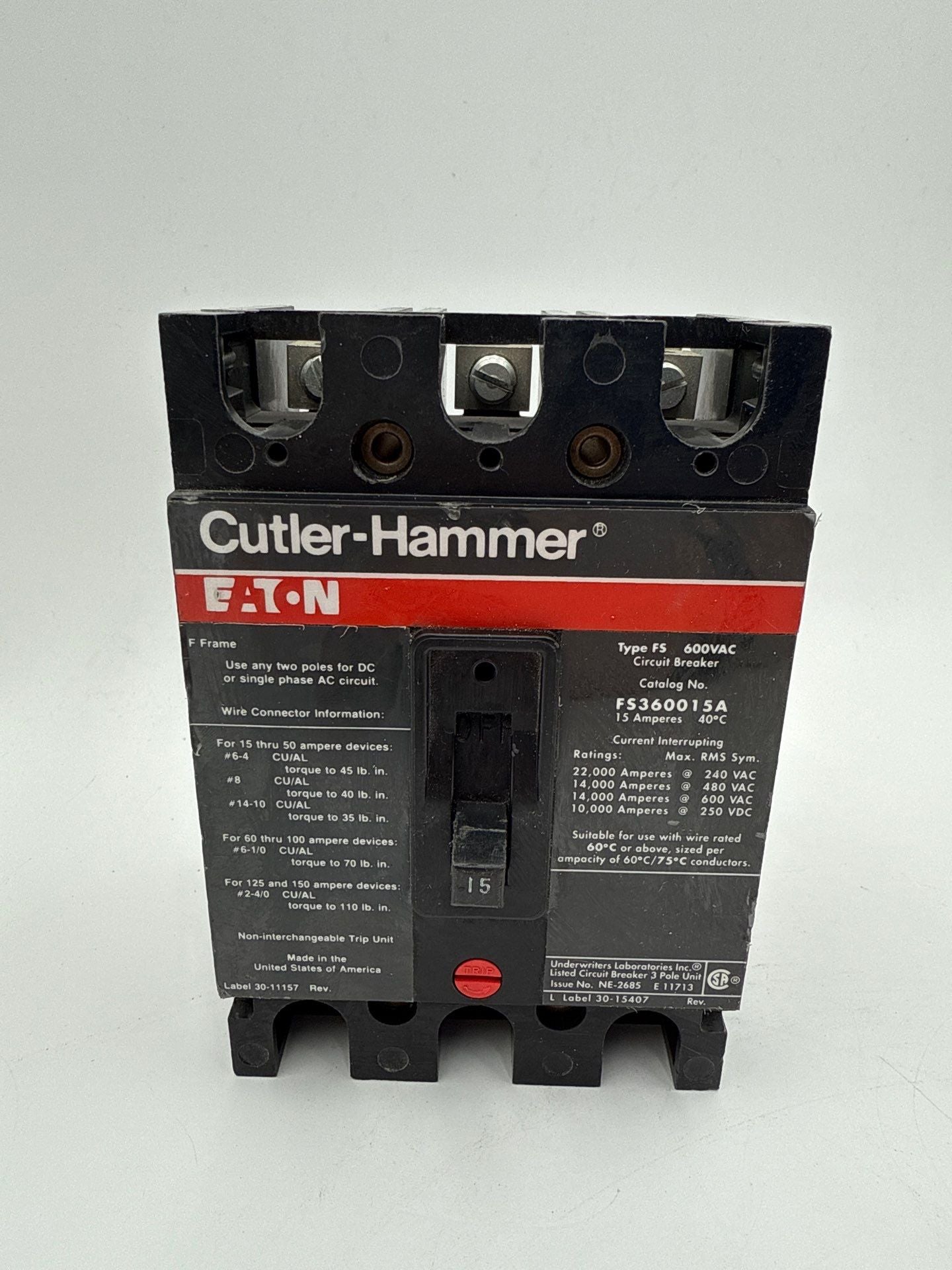 Cutler-Hammer FS360015A Circuit Breaker 15A 3P 600V FS 15 Amp 3 Pole Used