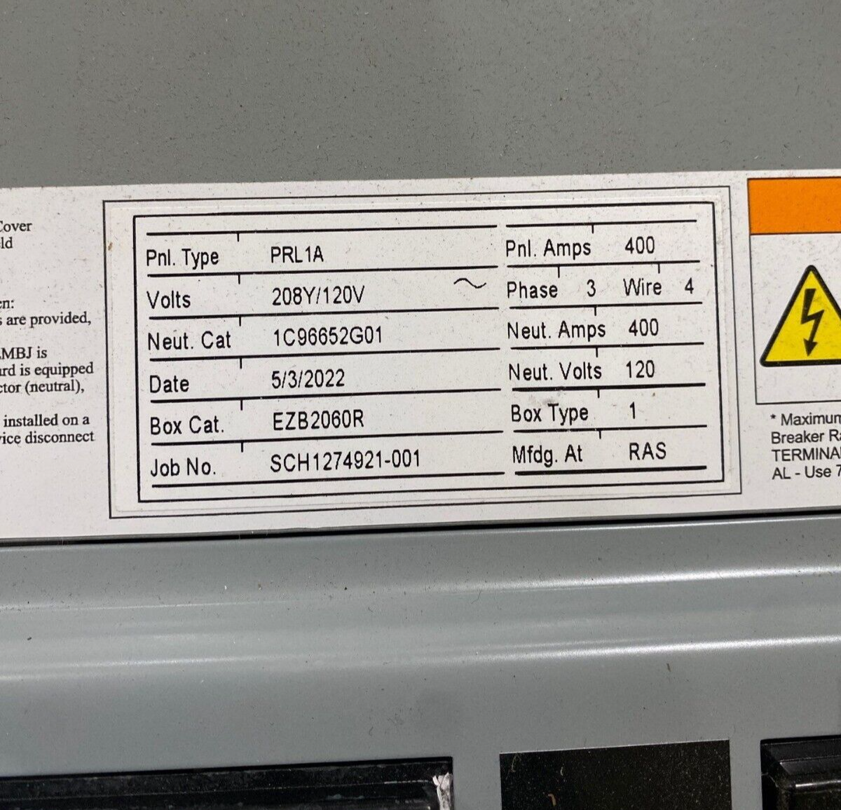 Eaton PRL1A Pow-R-Line Panelboard 400A 208Y/120V 3PH 4W Indoor Encl 30 Cir MCB P496 New