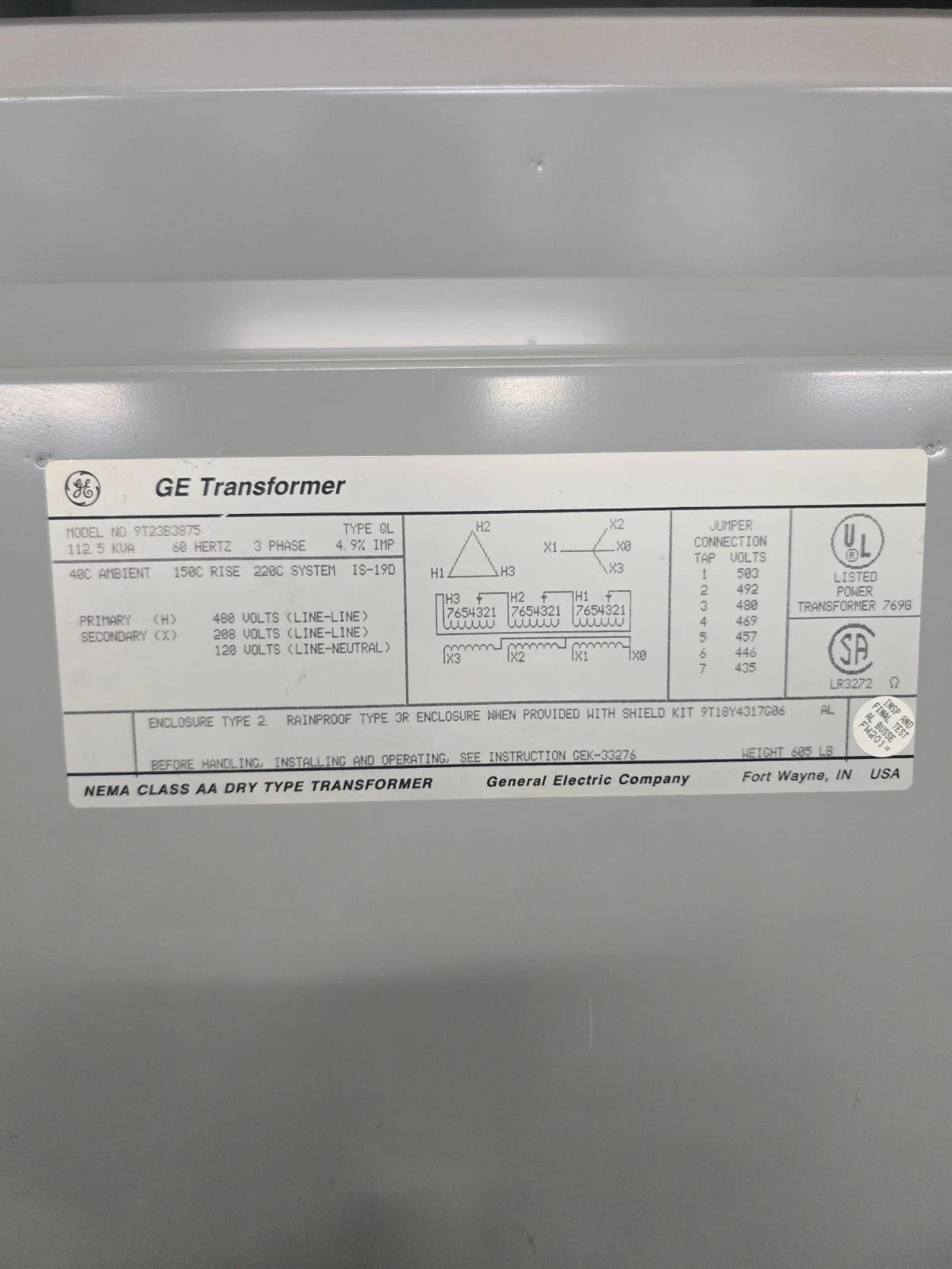 112.5KVA GE 9T23B3875 Transformer Pri 480V Sec 208/120V 3PH Indoor Encl Type QL Used