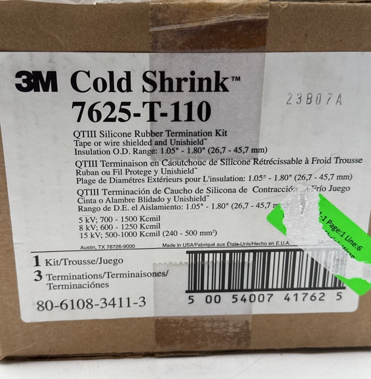 3M Cold Shrink 7625-T-110 QTIII Silicone Rubber Termination Kit 7625T110 New New